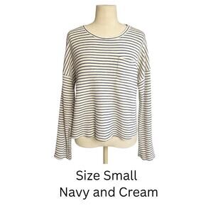 Madewell Women’s Small Tan & Navy Striped Cotton Long Sleeve Top Oversized